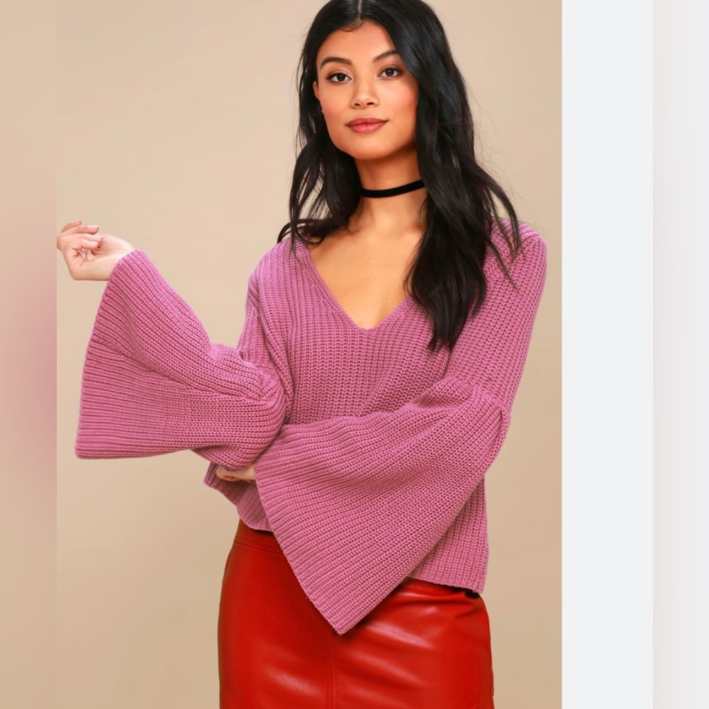 Free People Cropped Flare Arm Pink Damsel Knit Sweater Small - Picture 2 of 7